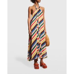 Ganni Rainbow Stripe Light Chiffon Halter Coverup Maxi Dress Georgette 6